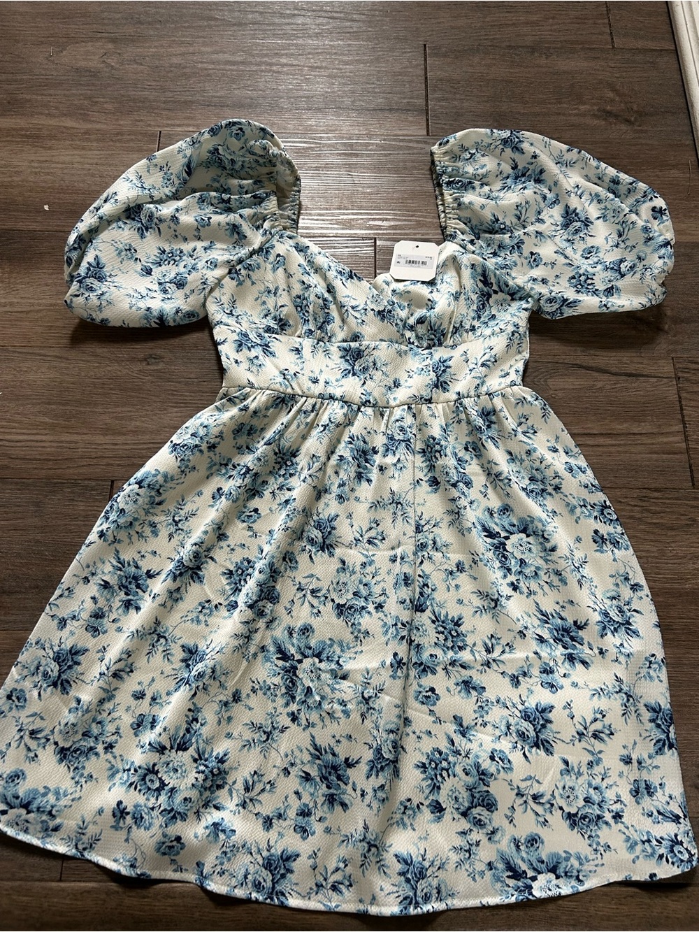 Altar'd State Cream and Blue Floral Puff Sleeve Mini Dress